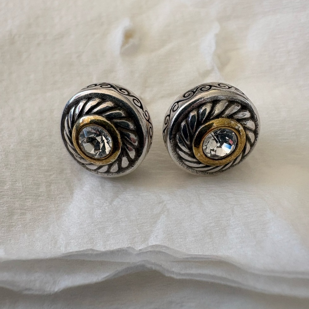 Brighton Silver and Gold-Tone Round Stud Earrings with Clear Crystal